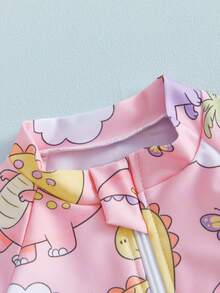Toddler Girls Rash Guard Swimsuit Rompers Dinosaur Print Ruffles Hem Long Sleeve Crew Neck Kids Bathing Suit - Pink - View 8