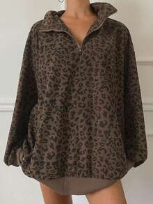 2026 Early Spring New Women's Leopard Print Corduroy Texture Half Zip Sweatshirts Oversized Casual Activewear Pullovers Textured Long Sleeve Stand Collar Tops For Daily Casual Gym Yoga Running Multicolor Options Fashion Sporty Style - màu nâu - Xem 2