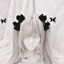 蕾丝发饰，手工头饰，心形格纹复古蝴蝶结双马尾夹，甜美 - 黑色 - 查看 2