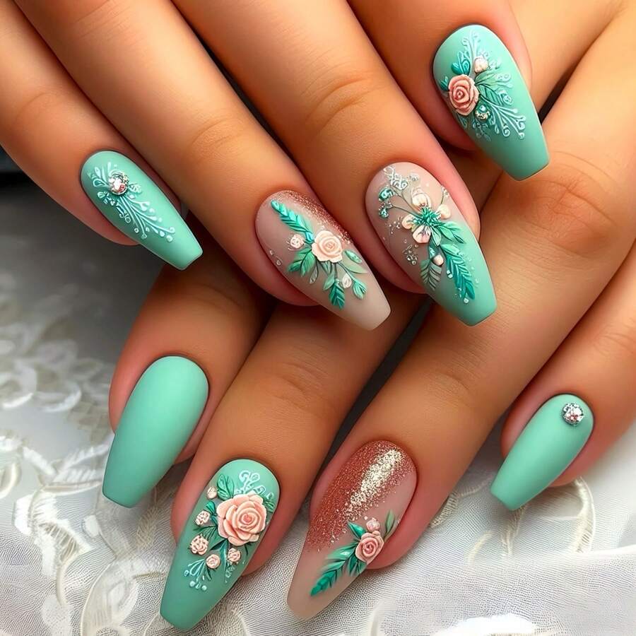 New Ballet-Shaped Fake Nails Medium Length Plant Flower Pattern Wearable Nails Detachable Finished Hot - AA56 - 查看 1