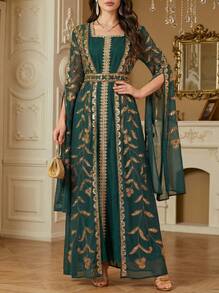 Solessence Women's Elegant Sequin 2 In 1 Long Sleeve Dress - Green - View 1