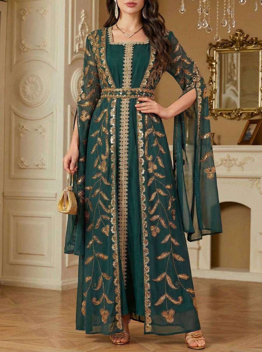 Solessence Women's Elegant Sequin 2 In 1 Long Sleeve Dress - Green - View 1