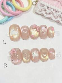 10 PCS 3D Cat Press On Nails Cartoon White Cat Soft Pink Gradient-Style Cat-Eye Fake Nails For Daily Wear - Multicolor - View 10