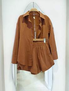 Oversized Shirt And Shorts Set - Khaki - View 2