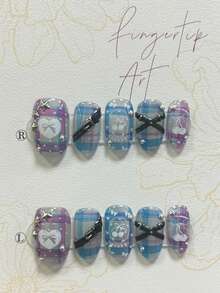 10片Y2K霓虹蓝紫色格子椭圆形按压式美甲贴片，手工3D星星铆钉蝴蝶结樱桃短款可爱坏女孩猫眼闪粉假指甲美甲用品（1张果冻贴纸+1把指甲锉）手工按压式美甲贴片 - 藍色 - 查看 4