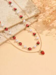 2pcs/Set Cute Strawberry Pendant Necklace, Versatile Colorful Strawberry Chain Layered Necklace Jewelry For Women, Adjustable Chain Length - Multicolor - View 3