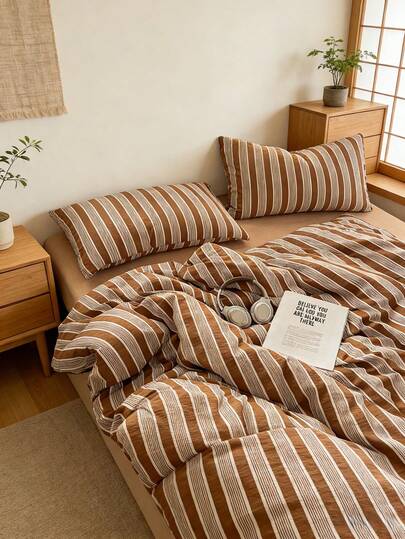 [Lazy And Relaxed Style] Retro Brown Striped Chiffon 4-Piece Bedding Set, Soft And Skin-Friendly Breathable Naked Sleeping Duvet Cover And Fitted Sheet, Suitable For Single/Double Bed, All Seasons, Classic Minimalist Japanese Style (1 Duvet Cover + 1 Fitted Sheet + 2 Pillowcases, Excluding Comforter And Pillows)