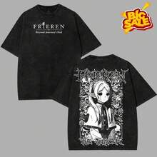 Super Value Hot  T-Shirt Frieren Beyond Journey's End Line Art V3 Manga Anime Double Printed Acid Washed Top Men's Menswear Graphic Tee Unisex Merch Gift Everyday Fit Suitable Gift For Fans SL0081 - 黑色 - 查看 4