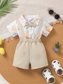 3pcs Baby Boy Easter Outfit Set: Short Sleeve Shirt With Collar, Bow Tie, Rabbit & Egg Print, Suspender Shorts, Spring/Summer Gentleman Suit - Khaki - View 2