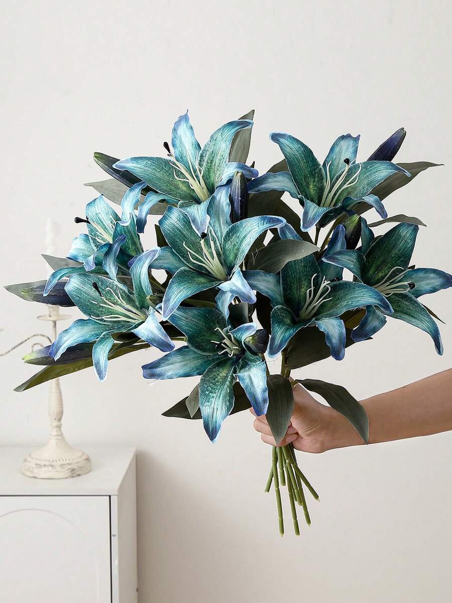 1 pieza Flor artificial de lirio azul de doble cabeza vintage - Decoración del hogar de primavera, adecuada para la mesa de la sala de estar, adornos de boda, flores artificiales, decoración del hogar - Multicolor - Ver 1