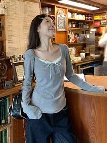 Lace Patchwork Long Sleeve T-Shirt, Sweet Undershirt - Grey - View 5