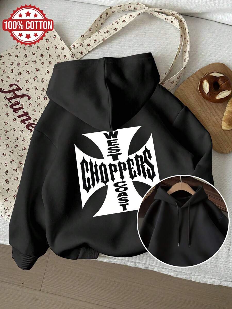 Gothic Choppers Cross Black Hoodie, Oversized Fit Unisex Streetwear, Ideal For Fall/Winter Casual Wear, A Unique Statement Piece For Music Lovers & Biker Fans - Black - View 1