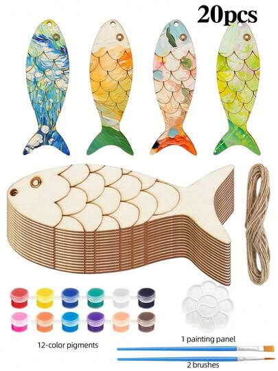 10/20pcs DIY Wooden Fish Craft Kits, Includes Jute Rope, Paints And Painting Tray - Easy To Hang, Unfinished Wooden Decor Templates, Fish Shaped Wooden Items, Suitable For Doodle Decoration, Ocean Themed Party And Home Decor, Can Be Hung Or Used As Wooden Ornaments, Made Of Jute Material, Home Party Decoration, Open Design, Easter Party Supplies