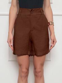 Women's Straight Tailored High-Waisted Shorts With Front Button And Side Pockets - Casual Urban Summer - 巧克力棕 - 查看 3