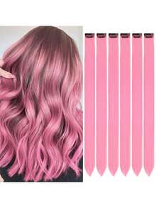 6片彩色夹式接发片，派对挑染，20英寸粉色直发接发片，夹式合成假发，适合万圣节装扮、圣诞节、新年礼物，女士（粉色） - 粉色 - 查看 12