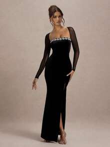 Elegant Women's Square Neck Long Knit Formal Dress, Sheer Long Sleeve With Rhinestone Details, Bandage Party Gown - Black - View 1