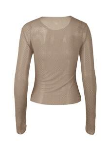 Y2K闪亮串珠圆领长袖修身网眼T恤 - 棕色 - 查看 2