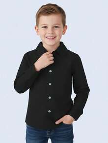 Young BoyWhite Long Sleeve Button-Front Collared Shirt, Gentleman's Academic Style Versatile For Daily Wear And Occasions - Black - View 1