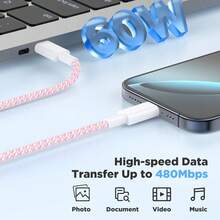 20W 墙式充电器适配器，快速充电 USB-C 电源适配器，配备 100 厘米（3.3 英尺）编织尼龙 USB-C 转 Type-C 充电线，兼容 17 Pro Max/17 Pro/17、16 Pro Max/16 Pro/16、15 Pro Max/15 Pro/15 等机型 - 粉色、紫色、蓝色 - 美規A型插(110-127V) - 查看 11