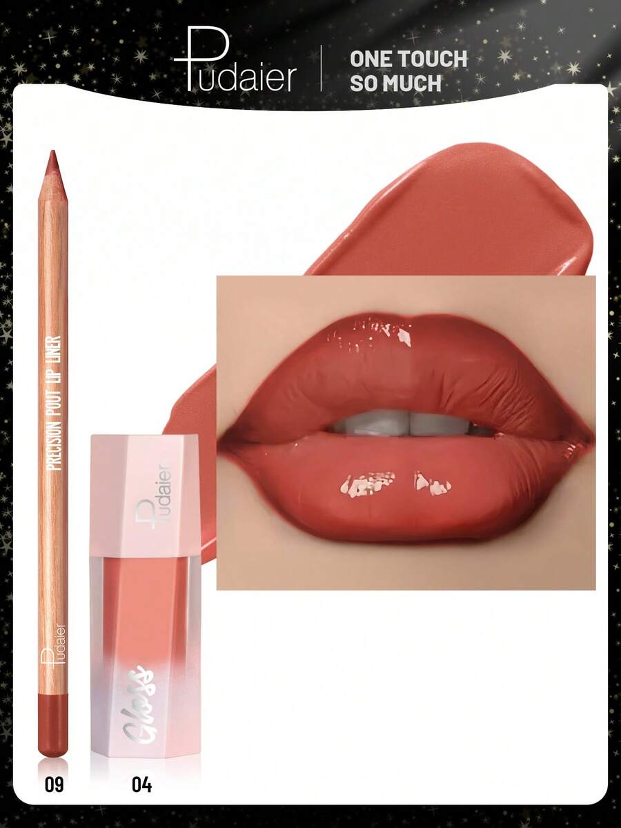Pudaier 2pcs Valentine's Day Lip Gift Set: Includes Lip Liner Pencil And Lip Gloss, Suitable For All Skin Tones - 09+04 - View 1