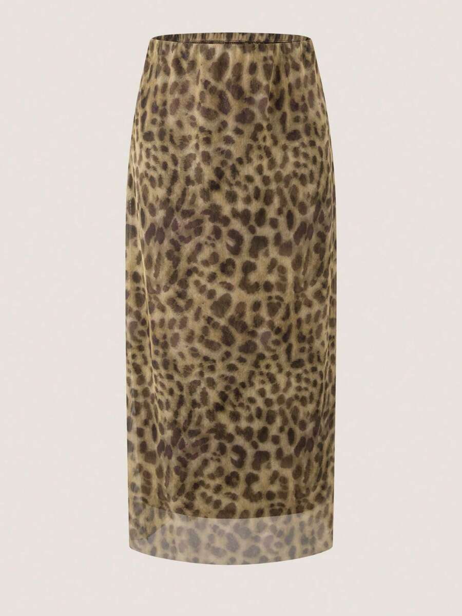 Leopard Print Mesh Skirt - Mocha Brown - View 1