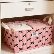 Quilted Storage Basket With Handle Cute Bow Organizer Container Fabric Desktop Storage Box Storage Case For Gift Home Room Office Decor - Black - View 6