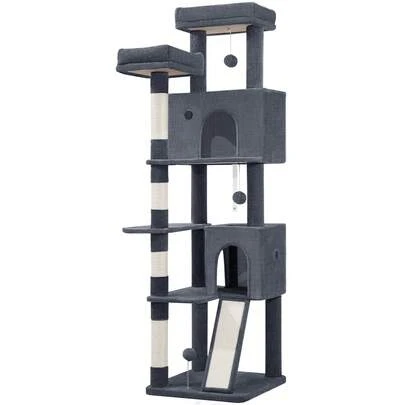 HEXCELEN Cat Tree For Indoor Cats, 178 Cm Cat Tower, Multi-Level Cats Climbing Frame With Scratching Posts, Scratch Board, 2 Comfy Condos, 2 Perches, Pompoms, Rest Place
