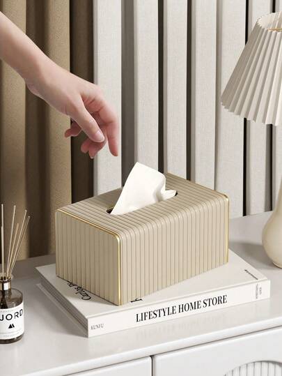 Multifunctional Desktop Tissue Box, PU Leather Striped Tissue Dispenser, Nordic Luxury Hotel Style Gold Edge Tissue Box, Desktop Tissue Storage Box, Tissue Holder, Compact Desktop Decor For Living Room, Dining Room, Kitchen, Home Decor, Apartment Essentials