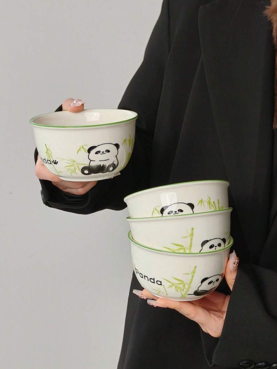 3pcs Panda Bowl & Cutlery Set, 3 Ceramic Bowls Combo, Snack Bowls, Kitchen Tableware, Suitable For Gifts, Restaurants, Home Use - Multicolor - View 1