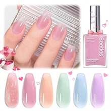 Beetles Jelly Nail Polish Set, 6 Colors Clear Pastel Nail Polish Glitter Pink Dusty Rose Orange Green Blue Purple Long Lasting &Amp; Quick Dry Nail Strengthener Polish Gift Sets For Women - ColorA - 查看 8