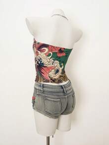 Áo croptop ống in hình cá Koi, phong cách retro mùa hè - màu nâu - Xem 5