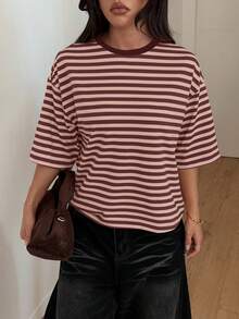 女士红白条纹针织面料常规袖圆领短袖上衣，休闲夏季款 - 乾枯玫瑰色 - 查看 4