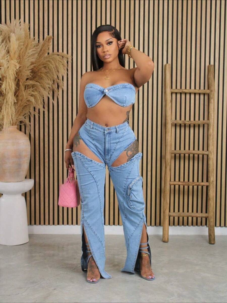 Casual, Fashionable, Youthful And Sporty Style, High-Quality Washed And Elastic Denim, Personalized Split Zipper, Three-Dimensional Pocket, Chest Hugging And Sexy Set - Blue - View 1