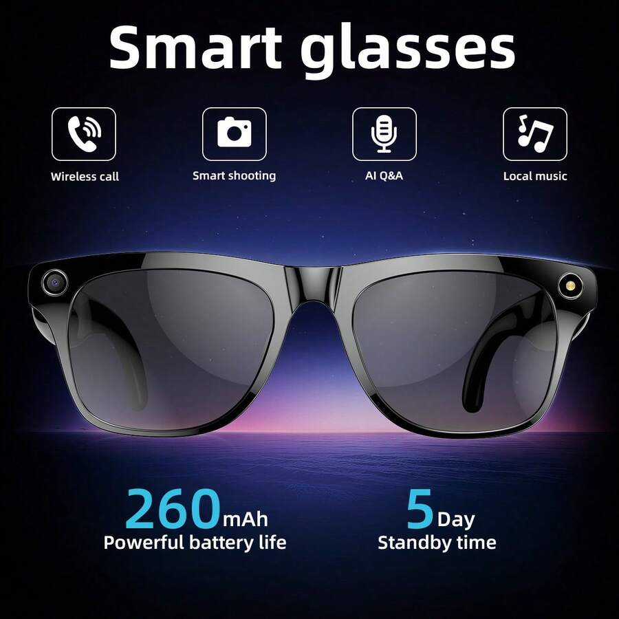 新款智能眼镜，100W摄像头，图像清晰不抖动，260mAh大容量电池，内置手电筒可作照明灯使用，摄像头续航时间长达100分钟。 - 彩色 - 查看 1