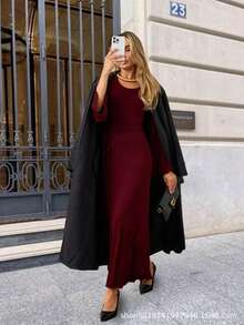[excelente]Ropa de mujer otoño suelta cuello u enrollado borde trasero atado vestido de manga larga niños - Burdeos - Ver 2