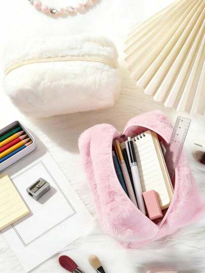 1pc Solid Color Plush Cosmetic Bag, Large Capacity Storage Pouch, Portable Travel Storage Bag, Soft Fluffy Multipurpose Storage Bag, Suitable For Storing School Supplies, Pencil Case, Cosmetics And Skincare, Reusable Essential For School And Travel