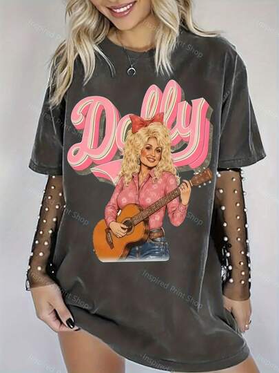 Plus Size-Funny Men's And Women's Round Neck T-Shirt Women's  Fashion T-Shirt Women's Retro Dolly Parton Cowgirl Graphic Tee - Pink Western T-Shirt With Iconic Iconic Portrait & Cowgirl Attire Print, Short Sleeve Crew Neck Casual Top, Machine Washable Vintage Shirt For Country Music Fans