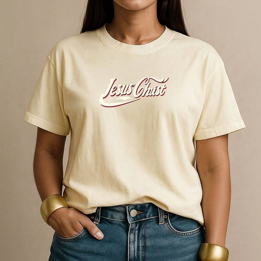 Women's T-Shirt 100% Cotton Jesus Christ Casual Christian Shirt Retro Style For Everyday Fashion - 奶油色 - 查看 1