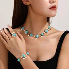 3pcs Luxury Fashion Exaggerated Creative Geometric Metal Smooth Music Symbol Inlaid Faux Turquoise Necklace + 1pc Exaggerated Elegant Bracelet + 1pc Adjustable Ring Jewelry Set, Suitable For Women To Wear At Evening Parties, Galas, Vacations, Holidays, And As Gifts - Turquoise - View 1