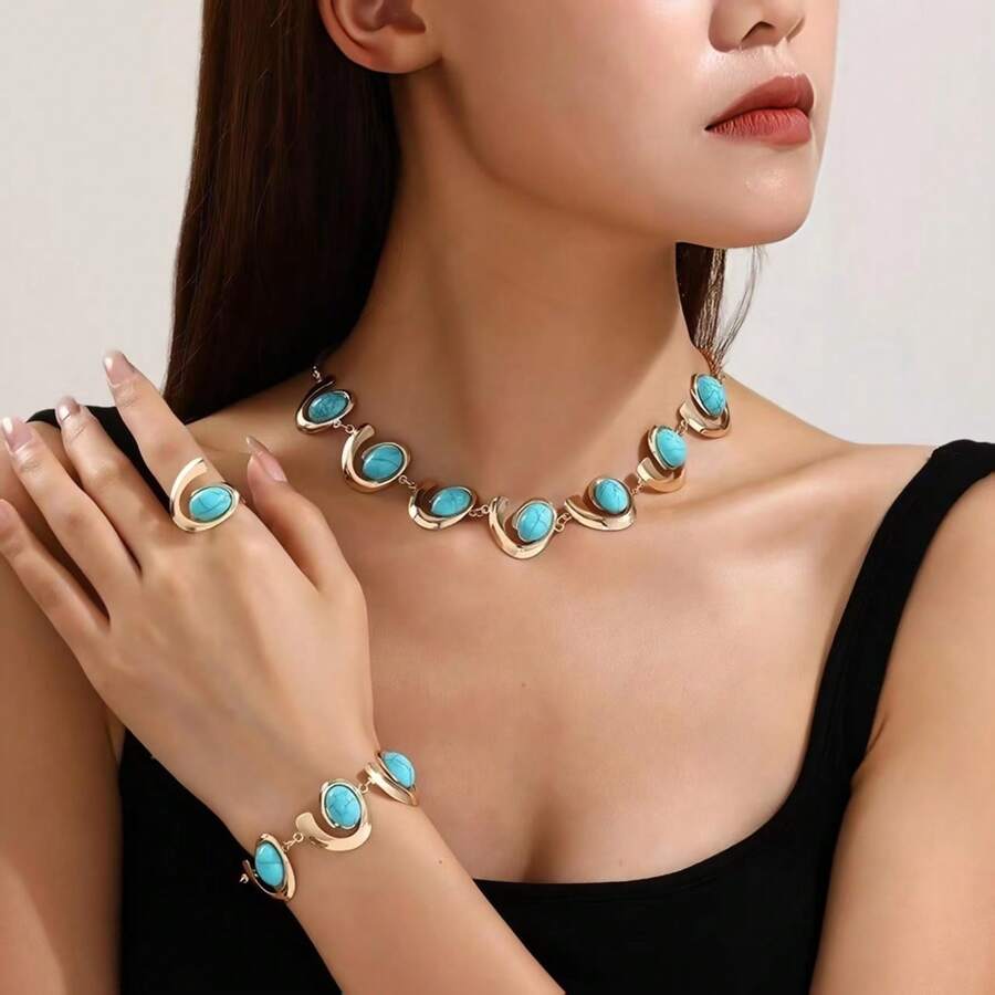 3pcs Luxury Fashion Exaggerated Creative Geometric Metal Smooth Music Symbol Inlaid Faux Turquoise Necklace + 1pc Exaggerated Elegant Bracelet + 1pc Adjustable Ring Jewelry Set, Suitable For Women To Wear At Evening Parties, Galas, Vacations, Holidays, And As Gifts - Turquoise - View 1