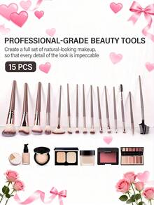 15支化妆刷套装，柔软蓬松，专业粉底刷、散粉刷、眼影晕染刷，美妆工具，新手礼物，棕色，刷毛柔软，便携易用，适合旅行、度假、海滩、情人节、母亲节等场合，送给女性和女孩的礼物，赠品，专业化妆刷，全套化妆刷具 - 卡其色 - 查看 3
