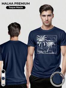 Men's T-Shirt, 100% Cotton, Palms Print - 藏蓝色 - 查看 3