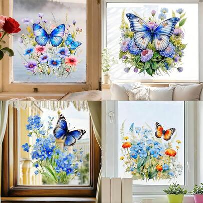 ملصقات زجاج نافذة ديكور المنزل الملونة بالأزهار والفراشات، ملصقات زجاج ديكورية ذاتية اللصق مرئية من الجانبين، مناسبة لغرفة النوم وغرفة المعيشة والحمام، لخلق أجواء الربيع في مشاهد متعددة