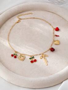 1 Pc Cute Heart Locket, Bow, Strawberry & Cherry Charm Necklace, Delicate Gold-Tone Choker Chain With Bow & Heart Pendant, Women Fashionable Jewelry For Daily Wear, Party, Dating - Multicolor - View 2