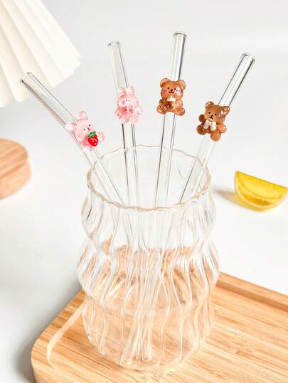 مجموعة قش زجاجي قابل لإعادة الاستخدام بتصميم كرتوني مزين بتعليقات أرانب/دببة حمراء، مجموعة أدوات مائدة قش زجاجي شفاف منحني، لاكسسوارات المطبخ، أكواب المياه، رؤوس القش، العصائر والحليب والشاي والمشروبات الكحولية والمشروبات الباردة، عودة إلى المدرسة، هدية مضحكة للصديقة/الصديق، موسم التخرج، ولوازم الحفلات. عيد الحب.