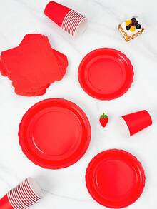 8pcs Red Petal Shaped Disposable Plates, Napkins, Cups Party Supplies Set, Suitable For Birthday, Wedding, Theme Party, Family Picnic - Multicolor - View 4