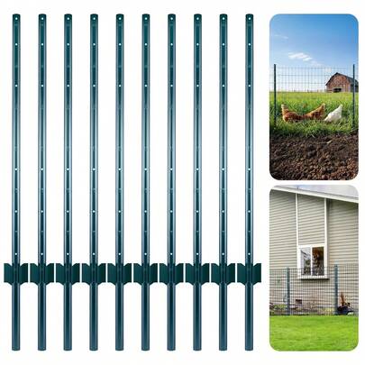 Minifactory Metal Garden Fence Posts, 4FT & 5FT, Pack Of 10 – No Dig Steel U Posts With Green Rust-Resistant Coating For Wire Fencing, Chicken Pens & Yard Borders