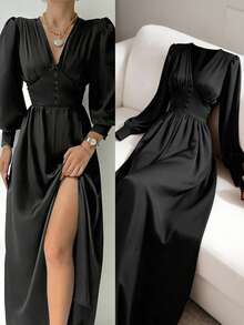 Rochie de vacanță pentru plajă, elegantă, cu nasturi în față, cu fermoar și crăpături înalte, culoare solidă, pentru femei - Negru - Vizualizare 1