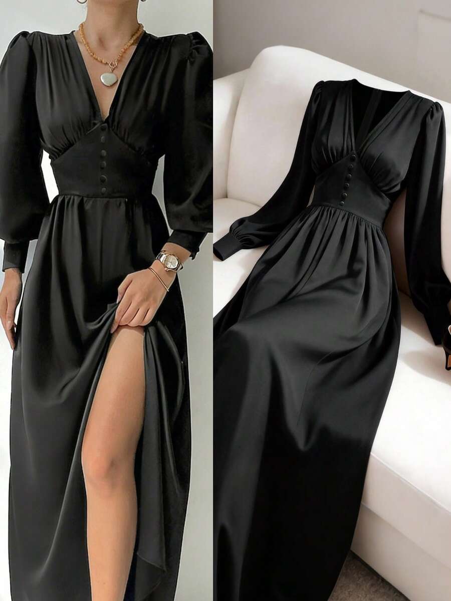 Rochie de vacanță pentru plajă, elegantă, cu nasturi în față, cu fermoar și crăpături înalte, culoare solidă, pentru femei - Negru - Vizualizare 1