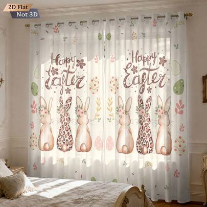 2pcs Easter Theme Design (2-Piece Openable): Colorful Cute Rabbit, Easter Eggs, Floral Pattern Printed Curtains, Blackout Curtains Suitable For Living Room And Bedroom, Simple Elegant, Made Of Polyester, Machine Washable, Home Decor Background
